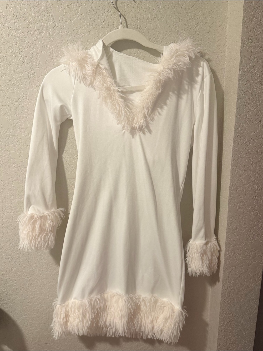 White Faux-Fur Trim Hoodie Dress